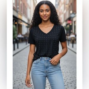 Banana republic rhinestone short sleeve Navy Blue women’s blouse Sz S Stretchy